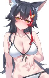 1girl \||/ absurdres animal_ear_fluff animal_ears bikini black_hair blush breasts cleavage hand_on_own_stomach highres hololive large_breasts long_hair looking_at_viewer multicolored_hair navel ookami_mio red_hair rei_(9086) solo stomach streaked_hair swimsuit virtual_youtuber white_background white_bikini wolf_ears wolf_girl yellow_eyes