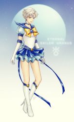 1girl back_bow bishoujo_senshi_sailor_moon bishoujo_senshi_sailor_moon_stars blue_background blue_bow blue_eyes blue_neckwear blue_ribbon blue_sailor_collar blue_skirt blue_theme boots bow brooch character_name choker earrings elbow_gloves expressionless facial_mark female_focus forehead_mark full_body gloves gradient_background high_heel_boots high_heels jewelry kay-i knee_boots layered_skirt looking_at_viewer magical_girl name_connection object_namesake pleated_skirt puffy_sleeves ribbon sailor_collar sailor_senshi_uniform sailor_uranus short_hair simple_background skirt solo star_(symbol) star_brooch star_choker star_earrings stiletto_boots stiletto_heels super_sailor_uranus_(stars) ten&#039;ou_haruka uranus_(planet) uranus_symbol very_short_hair white_boots white_gloves white_hair yellow_bow