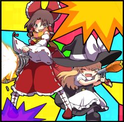 Rule 34 | 2girls, apron, ascot, benikurage (cookie), black footwear, black hat, black skirt, black vest, blonde hair, blush, boots, bow, braid, brown eyes, brown hair, colorful background, commentary request, cookie (touhou), detached sleeves, dress, firing, frilled apron, frilled bow, frilled hair tubes, frills, full body, gatling gun, gun, hair bow, hair tubes, hakurei reimu, hat, highres, holding, holding gun, holding weapon, kirisame marisa, long hair, minigun, multiple girls, namatama (7lemo can), open mouth, orange scarf, puffy short sleeves, puffy sleeves, red bow, red dress, red scarf, ribbon-trimmed sleeves, ribbon trim, rocket launcher, rpg (weapon), scarf, shaded face, sharp teeth, shirt, shoes, short sleeves, side braid, sidelocks, single braid, skirt, skirt set, sleeveless, sleeveless dress, smile, socks, standing, striped clothes, striped scarf, suzu (cookie), teeth, touhou, turtleneck, turtleneck shirt, vest, waist apron, weapon, white apron, white footwear, white shirt, white sleeves, white socks, witch hat, yellow ascot