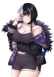 1girl absurdres black_camisole black_coat black_hair black_nails black_shorts breasts camisole cleavage coat commentary dolphin_shorts drunktatsu english_commentary fur-trimmed_coat fur_trim grey_hair grin hair_ornament hand_up highres hololive hololive_english large_breasts looking_at_viewer multicolored_hair navel quill shiori_novella shorts simple_background smile solo split-color_hair two-tone_hair v virtual_youtuber white_background yellow_eyes