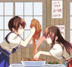 2girls akagi_(kancolle) ammunition bauxite blush brown_eyes brown_hair castle_of_cagliostro drum_(container) food hakama hakama_short_skirt hakama_skirt japanese_clothes kaga_(kancolle) kantai_collection long_hair lupin_iii meatball multiple_girls muneate noodles oil parody pasta personification plate satou_yuuki short_hair side_ponytail skirt smile spaghetti table window