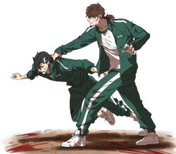 2boys bcbcmmmmm black_hair blood blood_on_clothes blood_on_shoes brown_hair clothes_grab facial_hair fate/grand_order fate_(series) fingernails goatee green_jacket green_pants hector_(fate) holding jacket jacket_grab mandricardo_(fate) multiple_boys nervous_sweating pants shirt shoes sneakers squid_game sweat track_pants white_shirt white_shoes