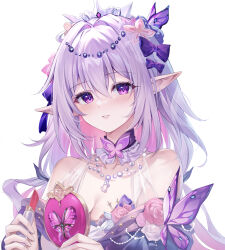 1girl absurdres alternate_costume bare_shoulders bow breasts bug butterfly castorice_(honkai:_star_rail) cleavage cosmetics guzangnanfeng hair_ornament highres holding holding_lipstick_tube holding_mirror honkai:_star_rail honkai_(series) insect lipstick_tube long_hair looking_at_viewer mirror missing_commentary parted_lips pointy_ears purple_bow purple_butterfly purple_eyes purple_hair simple_background smile solo upper_body very_long_hair white_background