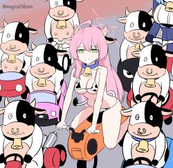 2girls ako_(blue_archive) animal_ears animal_print bell bikini blue_archive breasts bullet_bill cleavage closed_mouth cow cow_ears cow_horns cow_print cow_print_bikini cowbell crossover fake_animal_ears fake_horns full_body go-kart green_eyes halo hanako_(blue_archive) highres honda_motocompo horns large_breasts long_hair looking_at_viewer mario_(series) mario_kart mario_kart_world moo_moo_(mario) multiple_girls neck_bell nintendo pink_hair pink_halo print_bikini sitting smile solo_focus swimsuit threeboon