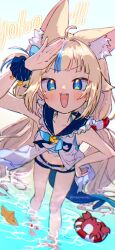 1girl :d ahoge animal_ear_fluff animal_ears barefoot bikini bikini_under_clothes bikini_under_shorts blonde_hair blue_bikini blue_bow blue_eyes blue_nails blue_sailor_collar blue_scrunchie blue_streaks blush bow cat_ears caustics commentary crab dress english_commentary fangs fins fish_girl fish_tail frilled_sailor_collar frills hand_on_own_hip highleg highleg_bikini highres indie_virtual_youtuber kaniki_(sameko_saba) lifebuoy lifebuoy_anklet lifebuoy_hair_ornament long_hair looking_at_viewer low_twintails multicolored_hair nail_polish navel one_side_up open_clothes open_dress open_mouth paper_boat refraction sailor_collar sailor_dress sameko_saba scrunchie shading_eyes short_shorts shorts sleeveless sleeveless_dress smile solo standing streaked_hair striped_bikini striped_clothes swim_ring swimsuit tail twintails twitter_username unya_(unyaunia) very_long_hair virtual_youtuber wading water white_dress white_shorts wrist_scrunchie