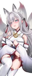 1girl :3 amulet animal_ears black_nails blue_eyes blush breasts detached_sleeves extra_ears eyeliner facial_mark fang feet_out_of_frame fox_ears fox_girl fox_tail grey_hair hair_intakes hair_ornament half_updo hand_on_own_chest highres inari_iroha japanese_clothes large_breasts lifting_own_clothes long_hair makeup multiple_tails no_panties noripro obi red_eyeliner ribbon-trimmed_sleeves ribbon_trim sash simple_background skin_fang smile solo suiriku248006 sweatdrop tail thighhighs very_long_hair virtual_youtuber white_background white_thighhighs wide_sleeves