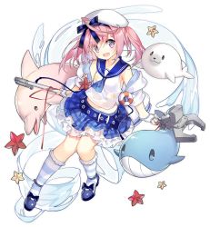 1girl :d ahoge animal ascot azur_lane bare_shoulders belt blue_sailor_collar blue_skirt blue_socks dolphin female_focus fingerless_gloves full_body gloves hat jacket kneehighs lifebuoy long_hair looking_at_viewer mary_janes midriff miniskirt off_shoulder official_alternate_costume official_art open_clothes open_jacket open_mouth pink_hair purple_eyes sailor_collar sailor_hat saratoga_(azur_lane) saratoga_(superstar_of_the_blue_seas)_(azur_lane) saru school_uniform seal_(animal) serafuku shirt shoes skirt sleeveless sleeveless_shirt smile socks solo star_(symbol) striped_clothes striped_socks studded_belt swim_ring tachi-e transparent_background twintails v-shaped_eyebrows whale white_gloves white_hat white_jacket white_shirt