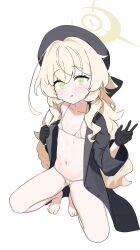 1girl @_@ absurdres alternate_costume bare_legs barefoot beret bikini black_coat black_gloves black_hat blonde_hair blue_archive blush closed_mouth coat commentary covered_erect_nipples feet flashing flat_chest fluffy_hair gloves green_eyes halo hat highres hypnosis koroyake legs_folded licking_lips loli long_hair looking_at_viewer micro_bikini mind_control navel open_clothes open_coat opened_by_self professor_niyaniya_(blue_archive) pussy_juice simple_background single_off_shoulder solo squatting string_bikini sweat swimsuit thighs tiptoes toes tongue tongue_out w wet wet_clothes wet_swimsuit white_background white_bikini yellow_halo