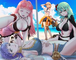 4girls bare_shoulders beach bikini black_bikini blue_bikini blue_hair blue_sarong braid breasts brown_eyes cleavage crown_braid earrings female_byleth_(fire_emblem) female_byleth_(summer)_(fire_emblem) female_focus fire_emblem fire_emblem:_three_houses green_eyes green_hair high_heels highres hilda_valentine_goneril jewelry large_breasts leonie_pinelli lying marianne_von_edmund marianne_von_edmund_(summer) matching_hair/eyes matoimangekyo multiple_girls navel nintendo on_back open_mouth orange_hair outdoors pink-tinted_eyewear pink_eyes pink_hair pink_sarong sarong sheath short_hair sunglasses_on_head swimsuit tassel tinted_eyewear twintails