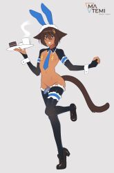 1boy absurdres anchor_hair_ornament anchor_symbol animal_ears armlet black_footwear blue_eyes blue_necktie bow bowtie bridal_gauntlets brown_hair cake cat_boy cat_ears cat_tail condom condom_on_penis cup dark-skinned_male dark_skin fake_animal_ears food full_body grey_background grin hair_ornament high_heels highres holding holding_tray jewelry male_focus male_playboy_bunny matemi meme_attire mug naked_necktie navel necktie original oskar_(coffee.png) pasties penis rabbit_ears reverse_bunnysuit reverse_outfit second-party_source shiny_clothes shrug_(clothing) simple_background smile solo standing standing_on_one_leg tail thighlet trap tray wrist_cuffs