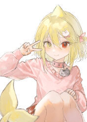 1girl absurdres animal_collar bilibili_3546717666413457 blonde_hair cat_hair_ornament child collar commentary_request fins fish_tail hair_between_eyes hair_ornament hand_on_own_thigh hand_up heterochromia highres indie_virtual_youtuber kaofish legs light_blush light_smile looking_at_viewer name_tag pink_ribbon pink_sweater red_eyes ribbon short_hair simple_background sitting sweater tail v virtual_youtuber white_background yellow_eyes