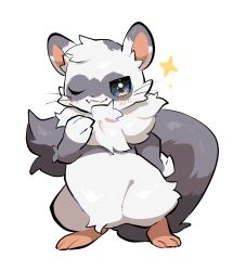 1other absurdres bad_tag blue_eyes borrowed_character commission fangs full_body furry grey_fur grey_tail hand_on_own_chest hand_on_own_hip highres light_blush looking_at_viewer neck_fur one_eye_closed original other_focus simple_background skin_fangs solo sparkle sparkling_aura standing tachi-e white_background white_fur yumeminoideyu2