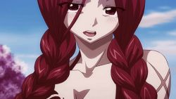 1girl animated animated_gif blue_sky blush braid breast_tattoo breasts cleavage cross_scar dress elbow_gloves fairy_tail female_focus flare_corona gloves large_breasts long_hair matching_hair/eyes red_dress red_eyes red_gloves red_hair scar scar_on_shoulder sky solo source_request talking tattoo teardrop tears twin_braids upper_body