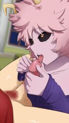 1boy 1girl absurdres ashido_mina black_sclera blurry blurry_background boku_no_hero_academia bottomless colored_sclera colored_skin commentary english_commentary fellatio glans_licking glansjob greatm8 hetero highres horns indoors kirishima_eijirou long_sleeves looking_at_another male_pubic_hair messy_hair oral penis photoshop_(medium) pink_hair pink_skin pubic_hair purple_sweater red_shirt saliva shirt short_hair sleeves_past_wrists sweater testicles tongue tongue_out trembling uncensored urethral_insertion urethral_licking yellow_horns