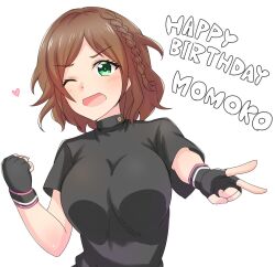 Rule 34 | 1girl, ;d, black gloves, black undershirt, blush, braid, breasts, brown hair, character name, cinderella series, clenched hand, fingerless gloves, garukichi, gloves, green eyes, hachigatsu no cinderella nine, happy birthday, heart, highres, kakehashi momoko, looking at viewer, no jacket, one eye closed, open mouth, outstretched arm, reaching, reaching towards viewer, short hair, short sleeves, side braid, simple background, single braid, smile, solo, upper body, v, white background, wristband