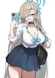 1girl asuna_(blue_archive) bag black_choker blue_archive blue_eyes blue_halo blue_nails breasts brown_hair cellphone choker cleavage grin hair_over_one_eye halo highres holding holding_bag holding_phone large_breasts long_hair looking_at_viewer mole nail_polish phone pleated_skirt school_bag school_uniform scrunchie simple_background skirt smartphone smile very_long_hair white_background wrist_scrunchie zet_(twt_zet)