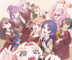 6+girls :c :d ^_^ ahoge anyoji_hime aqua_neckerchief black_choker black_gloves black_hair blonde_hair blue_eyes blue_hair blue_ribbon blunt_bangs blunt_ends bob_cut braid brown_cardigan brown_dress brown_hair cardigan castanets center-flap_bangs choker closed_eyes closed_mouth colored_inner_hair commentary crossed_bangs curtained_hair dark_blue_hair diagonal_bangs dress electric_guitar fang flower flower_knot frown fujishima_megumi gloves gradient_background green_eyes grey_hair guitar hair_bun hair_flower hair_intakes hair_ornament hair_ribbon half_gloves hand_on_another&#039;s_shoulder hasu_no_sora_school_uniform heart heart-shaped_eyewear hinoshita_kaho holding holding_guitar holding_instrument holding_microphone hood hooded_jacket instrument inverted_bob jacket kachimachi_kosuzu karaoke lao_ren_xing link!_like!_love_live! long_hair long_sleeves looking_at_viewer love_live! low_twintails maracas medium_dress medium_hair microphone mole mole_on_neck momose_ginko multicolored_hair multiple_girls murano_sayaka music neckerchief open_cardigan open_clothes open_jacket open_mouth orange_hair osawa_rurino otomune_kozue parted_bangs pink-framed_eyewear pink_eyes pink_hair pink_jacket playing_instrument pleated_dress ponytail purple_hair red_flower red_hair red_neckerchief ribbon sailor_collar sailor_dress school_uniform short_hair side_braids side_ponytail sidelocks simple_background single_side_bun smile sparkle star_(symbol) star_hair_ornament straight_hair streaked_hair sunglasses swept_bangs tambourine teeth twintails two_side_up upper_teeth_only v virtual_youtuber white_sailor_collar winter_uniform yellow_background yellow_neckerchief yugiri_tsuzuri