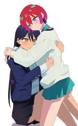 2girls absurdres amate_yuzuriha arms_around_neck black_skirt blue_eyes blue_shirt blue_skirt closed_mouth commentary_request dark-skinned_female dark_skin gundam gundam_gquuuuuux highres hug jacket leg_between_thighs long_hair long_sleeves multiple_girls nyaan_(gundam_gquuuuuux) pianshi pleated_skirt purple_hair purple_jacket red_hair shirt short_hair simple_background skirt sweater white_background white_sweater yellow_eyes yuri