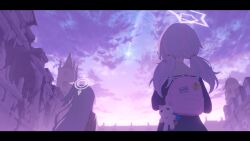 2girls absurdres blue_archive building european_architecture gradient_sky halo highres meteor multiple_girls pink_hair pink_sky reisa_(blue_archive) sky star_(sky) starry_sky suzumi_(blue_archive) vigilante_crew_(blue_archive) yuma_(lyq_yume)