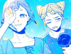 2girls alternate_costume b1ue_e4rth blonde_hair blue_background blue_eyes blue_hair blue_theme commentary covering_one_eye double_bun fukurai_azami hair_bun hand_fan hand_up handheld_electric_fan hashtag-only_commentary holding holding_fan jasmine_(toshi_densetsu_kaitai_center) looking_at_viewer looking_to_the_side multiple_girls one_eye_closed open_mouth shirt short_hair smile toshi_densetsu_kaitai_center upper_body