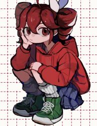 1girl alternate_costume blue_skirt closed_mouth drill_hair full_body green_shoes grid_background hair_between_eyes hand_up head_rest hood hoodie kasane_teto long_sleeves looking_at_viewer miniskirt red_eyes red_hair red_hoodie ribbed_socks s1ho_(ukiy0u0) shoelaces shoes skirt socks solo squatting twin_drills utau white_background white_socks