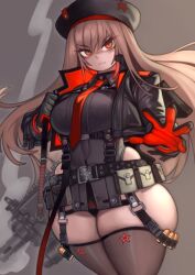 1girl absurdres beret black_gloves black_jacket black_thighhighs blush breasts brown_hair foreshortening gloves goddess_of_victory:_nikke gun gun_sling hat highres jacket kelvin_hiu large_breasts long_hair long_sleeves looking_at_viewer necktie outstretched_arm outstretched_hand rapi_(nikke) reaching reaching_towards_viewer red_eyes thick_thighs thighhighs thighs weapon