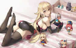 1boy 3girls ange_katrina ass blonde_hair blue_eyes breasts brown_eyes chibi cosplay dark-skinned_female dark_skin dragon_quest dragon_quest_iii ex_albio hair_between_eyes handheld_game_console hayama_marin helmet holding holding_handheld_game_console holding_staff large_breasts long_hair looking_to_the_side lying multiple_girls nijisanji nintendo_switch nishii_(damnedrive) nui_sociere nui_sociere_(1st_costume) on_bed on_stomach open_mouth red_hair roto roto_(cosplay) roto_(dq3) sage_(dq3) sage_(dq3)_(cosplay) short_hair silver_hair smile warrior_(dq3) staff thighhighs virtual_youtuber warrior_(dq3)_(cosplay)