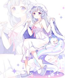 1girl ayatsuno_yuni bare_arms bare_shoulders barefoot blue_hair blue_slippers blush closed_mouth commentary_request dress full_body hat highres korean_commentary long_hair looking_at_viewer mob_cap neck_ribbon pink_ribbon purple_eyes ribbon simple_background sleeveless sleeveless_dress slippers smile solo sparkle star_(symbol) stellive subin_(subin_2011) unicorn virtual_youtuber white_background white_dress white_hat zoom_layer