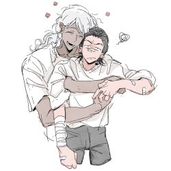 2boys baldur&#039;s_gate baldur&#039;s_gate_3 black_hair cazador_szarr contemporary curly_hair dark-skinned_male dark_skin dungeons_&amp;_dragons dungeons_&amp;_dragons hair_slicked_back highres hug hug_from_behind interracial multiple_boys vellioth white_background white_hair whxqxqaaa! yaoi