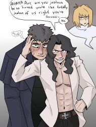 1girl 2boys ahoge angry arcueid_brunestud belt black_hair blonde_hair blush coat confused english_text evil_smile grey_hair grin hand_on_own_hip happytyrantsubmarine head_on_another&#039;s_shoulder highres implied_yaoi leaning_forward long_hair looking_at_another melty_blood michael_roa_valdamjong multiple_boys muscular muscular_male nrvnqsr_chaos open_clothes open_coat pectorals short_hair size_difference smile smirk sweat sweater tall_male toned toned_male trench_coat tsukihime turtleneck turtleneck_sweater upper_body