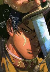 2boys black_hair close-up commentary_request dark-skinned_male dark_skin fish frown golden_kamuy half-closed_eyes hat highres holding holding_sword holding_weapon jacket koito_otonoshin military_hat military_jacket military_uniform multiple_boys osakanaman_7 reflection sword tsukishima_hajime twitter_username v-shaped_eyes weapon yellow_jacket