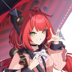 1girl black_choker black_sailor_collar bow bowtie cardigan chest_bow choker green_eyes highres holding holding_umbrella long_hair long_sleeves looking_at_viewer pink_cardigan red_hair red_umbrella sailor_collar school_uniform smile ukinami_yuzuha umbrella upper_body weriuqa white_bow white_bowtie zenless_zone_zero