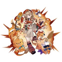 1girl :d absurdres animalization apple apple_(reverse:1999) backpack bag beret black_bow black_bowtie black_shoes bow bowtie brown_hair explosion explosion_background food fruit full_body hand_up hat headphones headphones_around_neck highres lion_cub looking_at_viewer loose_socks newsboy_cap official_alternate_costume open_bag open_mouth orange_eyes overall_skirt person_and_animalization record_jacket red_arm_warmers red_hat red_shirt red_socks regulus_(pizza_hut)_(reverse:1999) regulus_(reverse:1999) reverse:1999 scarf shengxuanyi shirt shoes short_hair skirt smile socks solo strapless strapless_shirt striped_clothes striped_scarf sunglasses traditional_bowtie watermark white_background white_skirt