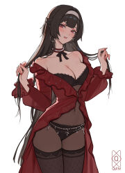 Rule 34 | 1girl, absurdres, artist name, astra yao, black bra, black hair, black panties, black thighhighs, bra, breasts, cleavage, coat, collarbone, commentary, covered navel, earrings, hairband, highres, jewelry, large breasts, long hair, looking at viewer, necklace, off shoulder, panties, parted lips, pearl necklace, quilm, red coat, red eyes, simple background, solo, thighhighs, underwear, very long hair, white background, white hairband, zenless zone zero