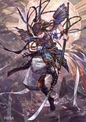 1girl arm_tattoo armor boat brown_hair character_request full_body full_moon grin hair_tubes holding holding_sword holding_weapon horns japanese_armor moon moonbeam moonlight official_art pants sengoku_taisen shoulder_armor smile so-taro sode sword tattoo watercraft waves weapon white_pants
