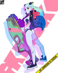 1girl artificial_eye artist_name ass black_jacket black_panties black_shoes breasts closed_mouth colored_sclera colored_skin commentary commission cyberpunk_(series) cyberpunk_edgerunners cyborg english_commentary green_hair green_sclera gun highres huge_weapon jacket leg_tattoo long_hair long_sleeves looking_at_viewer medium_breasts open_clothes open_jacket outstretched_arm panties pink_tattoo puffy_long_sleeves puffy_sleeves rebecca_(cyberpunk) red_eyes salute samurai_jacket_(cyberpunk) shoes solo standing stomach_tattoo sykosan tattoo thong two-finger_salute underwear weapon