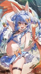1girl :d absurdres alternate_costume animal_ear_fluff animal_ears arm_up bead_bracelet beads bikini bikini_skirt black_bikini blue_bikini blue_hair blue_skirt blush border bow bracelet braid breasts carrot_hair_ornament cleavage commentary_request food-themed_hair_ornament frilled_bikini frills hair_bow hair_ornament hand_up haruhina_purple highleg highleg_bikini highres hikimayu holding holding_unworn_clothes holding_unworn_scarf hololive jewelry long_hair looking_at_viewer multicolored_hair navel o-ring o-ring_thigh_strap open_mouth orange_bow orange_eyes rabbit-shaped_pupils rabbit_ears rabbit_girl ribbed_bikini scarf short_eyebrows sidelocks skirt small_breasts smile solo stomach swimsuit symbol-shaped_pupils thick_eyebrows thigh_strap twin_braids two-tone_hair unworn_scarf usada_pekora virtual_youtuber white_background white_bikini white_border white_hair
