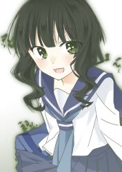 1girl absurdres black_rock_shooter blue_sailor_collar blue_skirt green_eyes green_hair highres medium_hair pleated_skirt sailor_collar school_uniform serafuku skirt solo takanashi_yomi user_hzpg8282