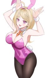 1girl :d absurdres ahoge akamatsu_kaede blonde_hair breasts cleavage danganronpa_(series) danganronpa_v3:_killing_harmony fortissimo hair_ornament highres keke_(xfxyuio) large_breasts leotard long_hair musical_note musical_note_hair_ornament open_mouth pink_eyes pink_leotard playboy_bunny smile solo wrist_cuffs