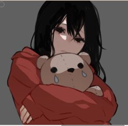 Rule 34 | 1girl, 23i2ko, art program in frame, black eyes, black hair, frown, grey background, hair between eyes, head tilt, hood, hood down, hoodie, hugging object, long hair, looking at viewer, original, red hoodie, simple background, stuffed animal, stuffed toy, teddy bear, upper body