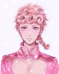 1boy blonde_hair braid cleavage_cutout clothing_cutout frown giorno_giovanna jojo_no_kimyou_na_bouken male_focus onaka_hettaa pink_eyes single_braid solo upper_body vento_aureo victory_rolls