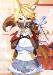 1girl 1other abeimaochidiaole absurdres animal_ear_fluff animal_ears bandaged_arm bandages blonde_hair blush body_fur breasts brown_gloves brown_jacket choker crop_top fox_ears fox_girl fox_tail furry furry_female gloves green_eyes highres jacket large_breasts long_hair long_sleeves looking_at_viewer midriff navel pulchra_fellini shirt shorts solo tail white_shirt yellow_fur zenless_zone_zero