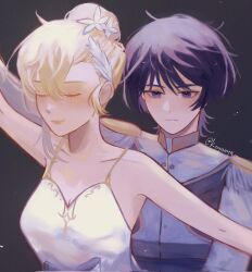 1boy 1girl alternate_costume arm_up ballet behind_another black_background blonde_hair breasts cleavage closed_eyes closed_mouth coat collarbone dancing dress epaulettes expressionless eyelashes eyeshadow facing_to_the_side feather_hair_ornament feathers flower genshin_impact gold_trim hair_between_eyes hair_bun hair_flower hair_ornament highres koyaaya long_sleeves looking_down lumine_(genshin_impact) makeup medium_breasts military_uniform outstretched_arms pink_lips purple_eyes purple_hair red_eyeshadow scaramouche_(genshin_impact) short_hair sidelocks smile spaghetti_strap tsurime twitter_username white_coat white_dress white_feathers white_flower white_sleeves wispy_bangs