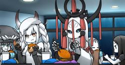 Rule 34 | 5girls, :t, abyssal nimbus princess, abyssal ship, abyssal sun princess, aqua eyes, beret, black gloves, black hair, black sclera, blue eyes, braid, bubble, burger, cellphone, chewing, chopsticks, colored sclera, commentary, commission, cup, disposable cup, drinking straw, food, french fries, gloves, grey hair, hair between eyes, hamu koutarou, hat, highres, holding, holding chopsticks, holding food, holding phone, horned hat, horns, japanese clothes, kantai collection, long hair, long sleeves, mechanical arms, motion lines, multiple girls, orange eyes, pale skin, phone, ru-class battleship, short sleeves, sidelocks, smartphone, ta-class battleship, thick eyebrows, twin braids, underwater, white hair, wo-class aircraft carrier, you&#039;re doing it wrong