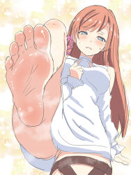 1girl absurdres barefoot blue_eyes blush brown_hair feet final_fantasy final_fantasy_xiv highres long_hair looking_at_viewer nush_advance parted_lips pov ryne_waters soles steam toes