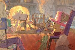 1boy 1girl antlers blue_nose book bottle crop_top dr._kureha erlenmeyer_flask flask hashtag-only_commentary hat highres holding holding_book horns long_hair mortar_(bowl) one_piece pants pestle pink_hat purple_pants reindeer_antlers shorts sitting siyangou49 smoke table tony_tony_chopper volumetric_flask