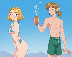 Rule 34 | 1boy, 1girl, adversarial noise, artist name, bikini, blonde hair, blue bikini, blue eyes, braid, breasts, brown hair, cleavage, collarbone, commentary, cowboy shot, crown braid, english commentary, frown, galmesh rosewood, hands on own thighs, hetero, highres, link, lon lon milk, looking at another, looking back, medium breasts, navel, nintendo, outdoors, phallic symbol, pointy ears, ponytail, princess zelda, sexually suggestive, short hair, shorts, side-tie bikini bottom, sidelocks, smile, suggestive fluid, sweatdrop, swimsuit, the legend of zelda, the legend of zelda: tears of the kingdom, topless male