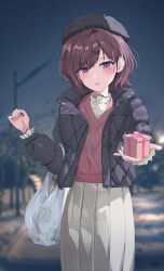 1girl absurdres bag black_hat black_jacket blush bow box brown_hair buttons carrying_bag collared_dress collared_jacket dot_nose down_jacket dress elbow_carry eyelashes feet_out_of_frame fingernails fur_hat gift hair_ornament hairclip hands_up hat high_collar highres higuchi_madoka holding holding_box holding_gift idolmaster idolmaster_shiny_colors jacket kukeylove long_dress looking_at_viewer mole mole_under_eye night night_sky official_alternate_costume open_clothes open_jacket open_mouth outdoors pink_bow pink_ribbon pink_sweater_vest plastic_bag pov purple_eyes ribbon short_hair sidelocks sky snack solo standing straight-on sweater_vest swept_bangs tongue tree urban wavy_hair white_dress winter_clothes