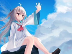 1girl ahoge atri atri-my_dear_moments- black_ribbon blue_sailor_collar blue_sky blush brown_shoes closed_mouth cloud commentary_request day dress expressionless eyelashes feet_out_of_frame floating_hair hair_between_eyes hair_ribbon highres light_brown_hair loafers long_hair long_sleeves looking_afar nanatsu_(na_na_tsu) neckerchief no_socks open_hand outdoors outstretched_arm red_eyes red_neckerchief ribbon sailor_collar sailor_dress see-through_clothes see-through_dress shiny_skin shoes short_dress sitting sky solo two_side_up very_long_hair white_dress wide_sleeves
