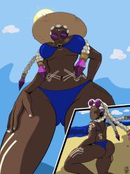 1girl ass beach bikini blue_bikini bodypaint braid braided_ponytail breasts cameltoe closed_eyes curvy dark-skinned_female dark_skin dolores_(kof) female_focus from_behind glasses gluteal_fold gold hand_on_own_hip hat huge_ass jewelry kneeling long_hair looking_at_viewer looking_down multicolored_hair outdoors panties pov pumpkin_leader purple_hair realpumpkinlord round_eyewear sand sideboob sky standing sunglasses sunglasses_on_head swimsuit the_king_of_fighters therealpumpkinlord thick_lips thick_thighs thighs tight_clothes two-tone_hair underboob underwear water white_hair wide_hips